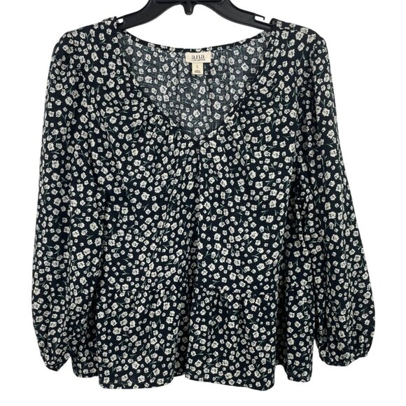 Ana A New Approach Womens Floral Long Sleeve Top Large Black Gray - Picture 1 of 7